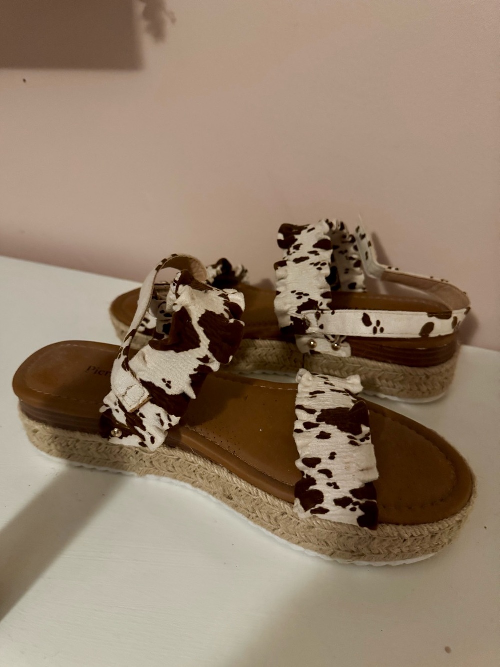 Cow Print Espadrille Sandals - White & Brown